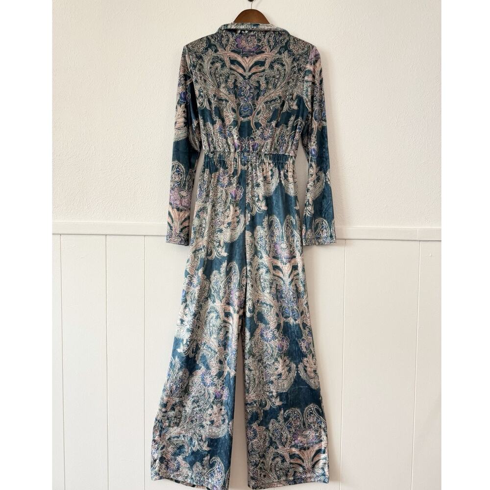 NEW Free People Velvet Paisley Jumpsuit S Boho Luxe Wide Leg Wrap Tie Front - Picture 3 of 13